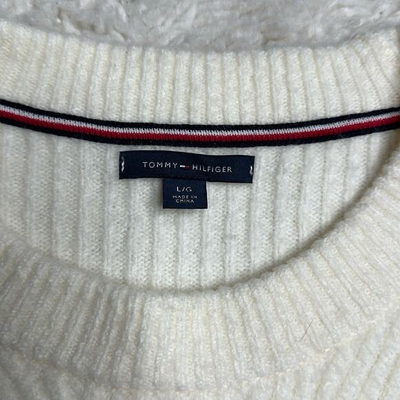Tommy Hilfiger White Cream Texture Fuzzy Sweater Navy Red Detailing Wool Blend - Picture 3 of 11